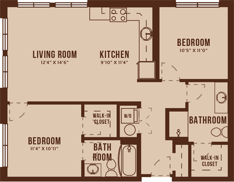 Floor plan for 2 beds, 2 baths, 961 sqft